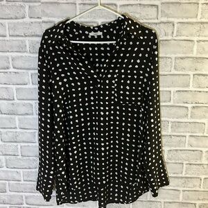 Pleione Long Sleeve Polka Dots Blouse Black White Size L Large, v-neck